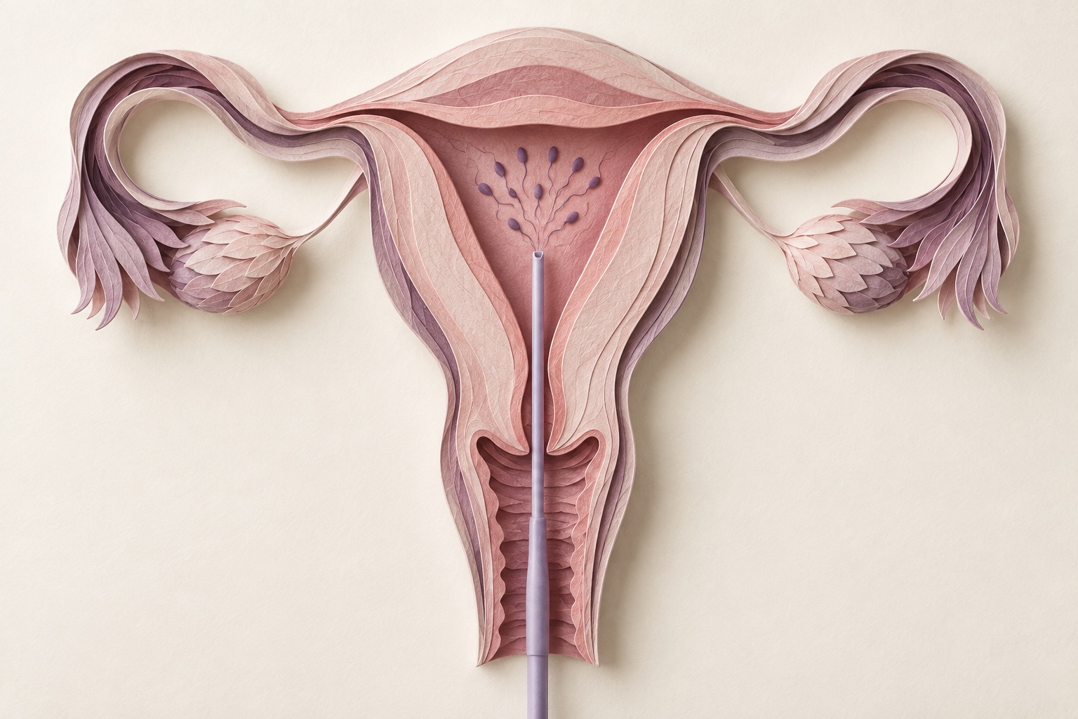 Aşılama işleminde rahim içine sperm verilmesini pembe ve mor kâğıt sanatıyla yorumlayan temsili illüstrasyon